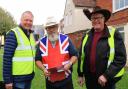 Team - sausage marshal Richard Oxborrow, umpire Chris Griggs, and sausage marshal Colin Cheesman at the sausage throwing competition at the 2021 annual Harwich Sausage Festival