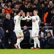 Big moment - Jamie Donley (right) replaces Son Heung-min to make his home debut in the closing stages of Tottenham Hotspur's 4-1 win over Newcastle United, on Sunday