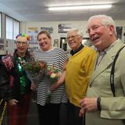 Thanks - Helen Broom (Centre left) who wrote the Hi-de-Hi! themed murder mystery is given flowers alongside cast members (Left to right) Su Pollar,d David Webb, and Vince Rayner at the Harwich Museum