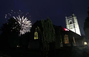 03-06-12
Jubilee celebrations with fireworks at Dedham.
Church which was lit by Red white and blue lights with fireworks
