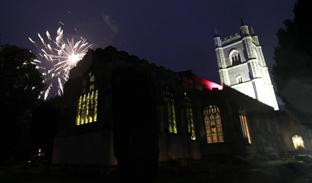 03-06-12
Jubilee celebrations with fireworks at Dedham.
Church which was lit by Red white and blue lights with fireworks