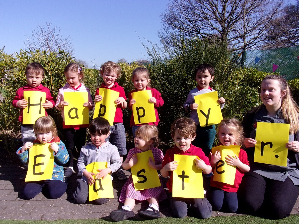 Chick this out - little ones have a special Easter message for the residents at New Copford Place. Pictured in the back row, from left, are Harry Kligerman, Eliza Atkinson, Elliott Purcell, Mila-Rose Mayatt and Stanley Arthurs. Front: Freyja Drake, Henry
