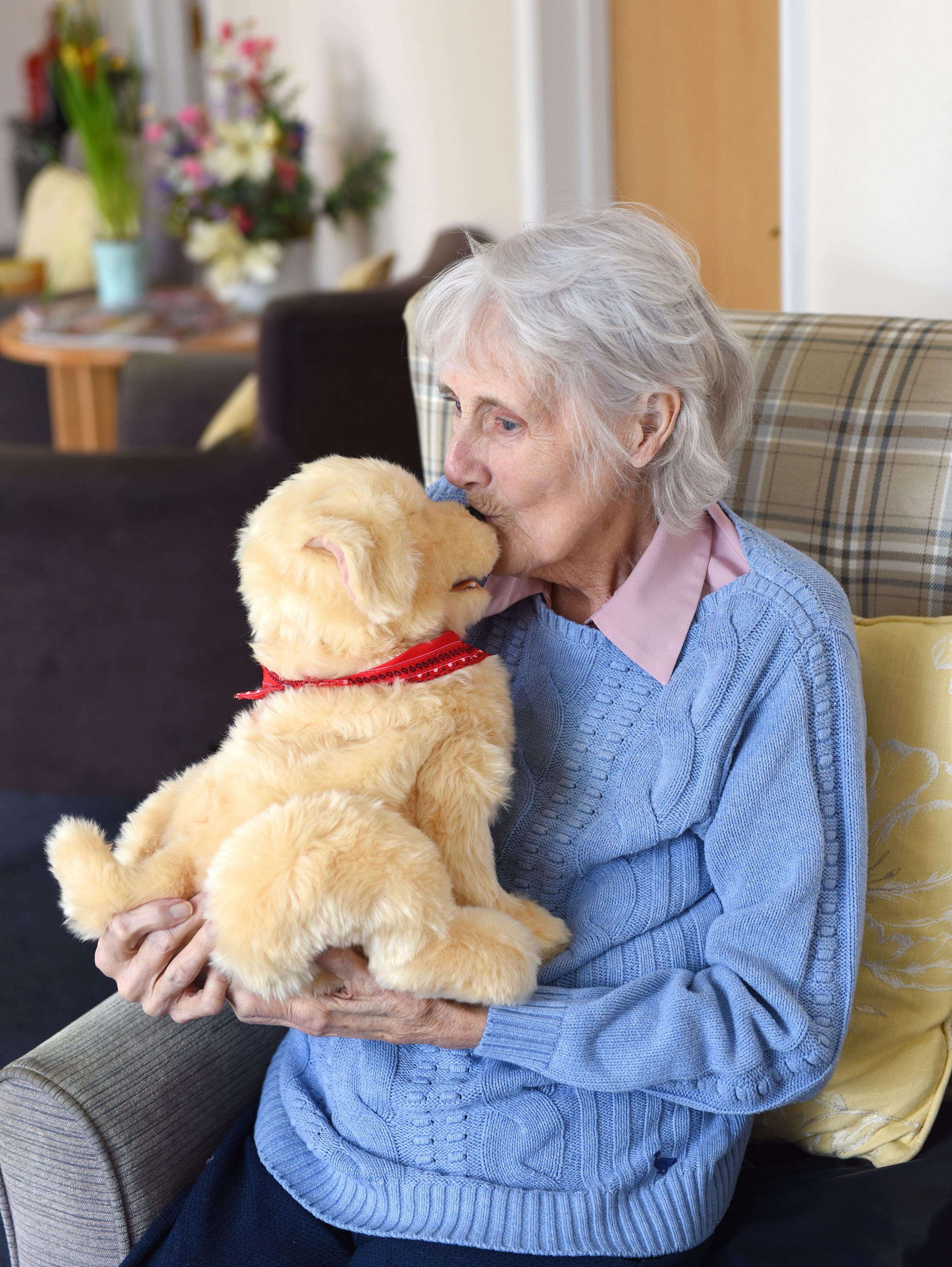 Ellen Ellinston, age 82, with the robotic therapy dog
