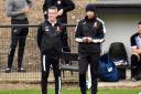 Warming up: Harwich and Parkeston boss Sean Tynan (right) and assistant boss Gary Kioussis saw their side fall to a friendly defeat at Tiptree Heath.