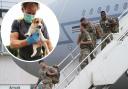 Rescue - Troops land home from Kabul and (inset) Pen Farthing with one of the dogs from his rescue centre. Picture: PA