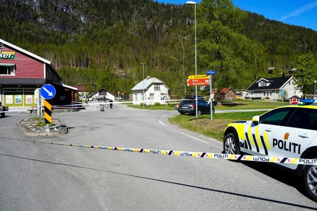 A police car at the scene of a multiple stabbing in Nore, Norway