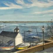 Artwork - A painting by David Downes, whose work will be at the exhibition, shows the view from the Sailing Club at Manningtree of the River Stour