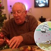 Merry - Dick Mayhew at a family Christmas celebration. Inset: Dick's Artwork