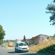 Overturned - The lorry after it toppled over into a field in Mistley
