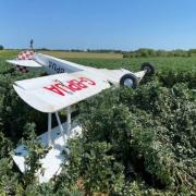 Crash - the plane pictured upside down after crashing into a bush adjacent to the Great Oakley Airfield runway