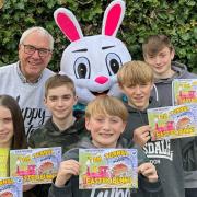 Easter - (Front left to right) Grandchildren Tia, Rhys, Mason, Rio, and Lewis with (behind) author Paul Diggens and the Easter Bunny